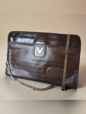 Mario Valentino Brown Monogram Clutch with Gold Chain Vintage